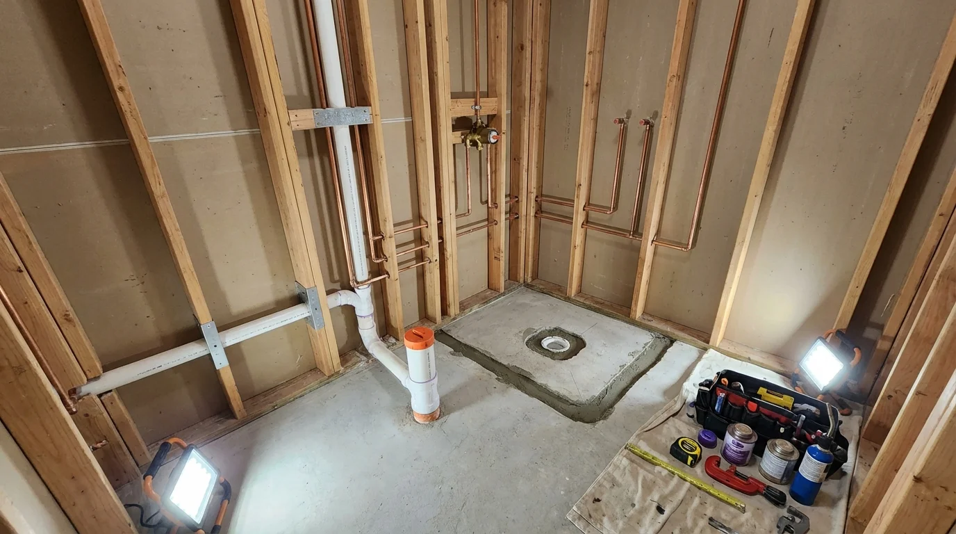 Bathroom rough-in plumbing during remodel by Johns Plumbing LLC in Northumberland