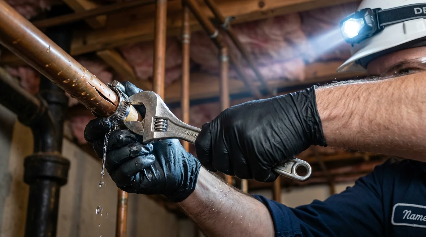 Emergency pipe clamp repair being performed by a Johns Plumbing LLC plumber in Northumberland