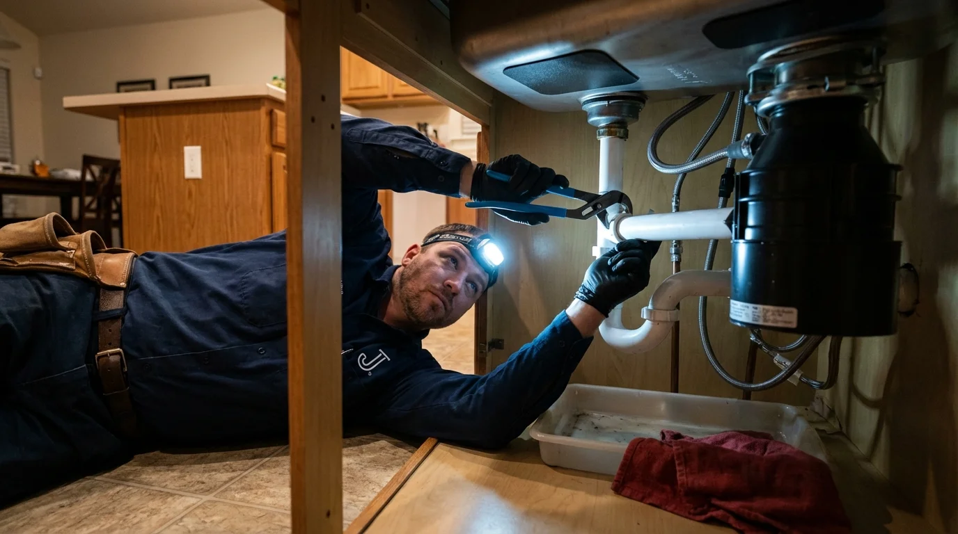 P-trap and supply line connections under a kitchen sink showing a common leak point in Northumberland, PA